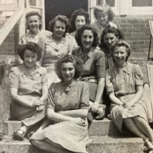 Jean Christopher with friends outside the Morlands canteen Photo: Bev Coggins and Sue Ford